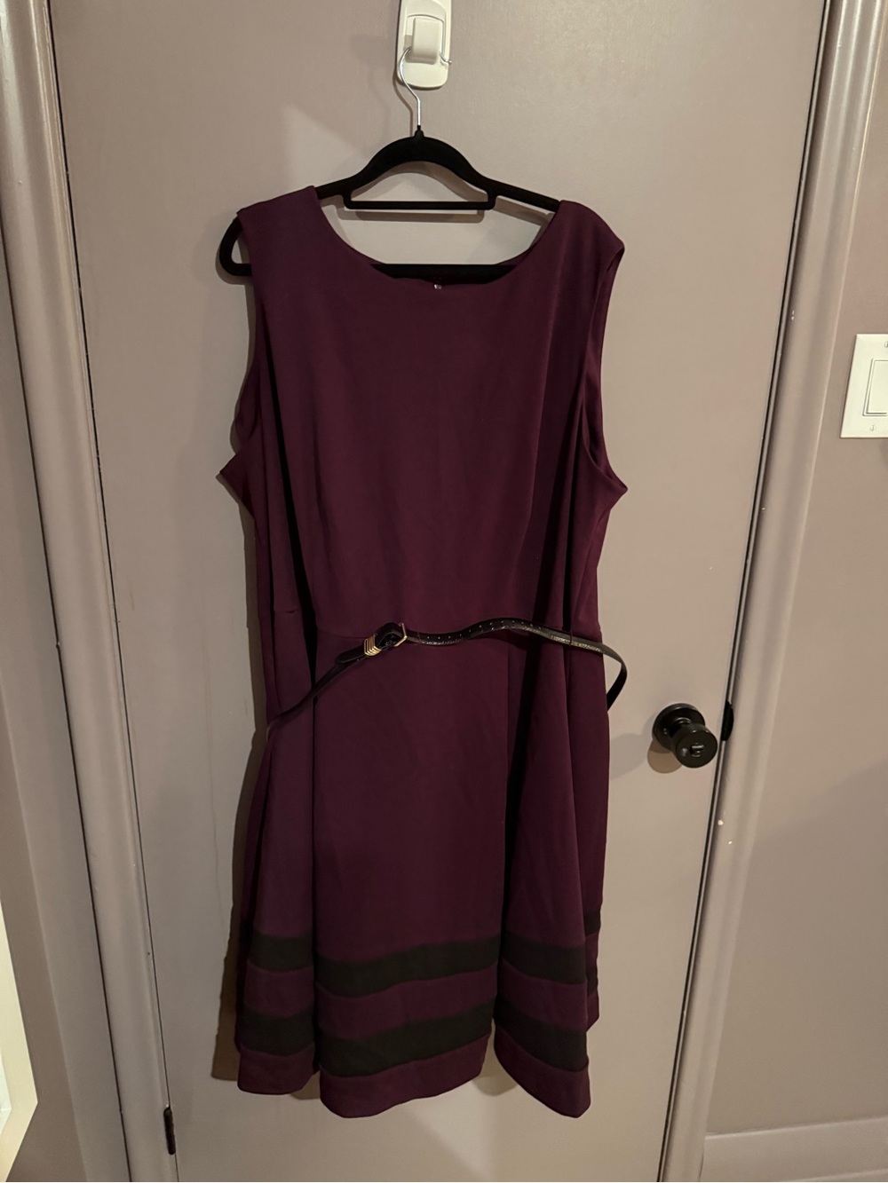Calvin Klein Sleeveless Plum Midi Dress with Accent Stripes and Belt